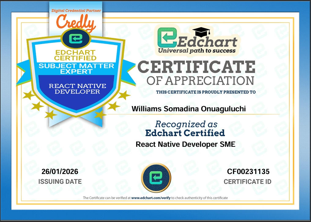 Edchart Certified React Native Developer Subject Matter Expert certificate